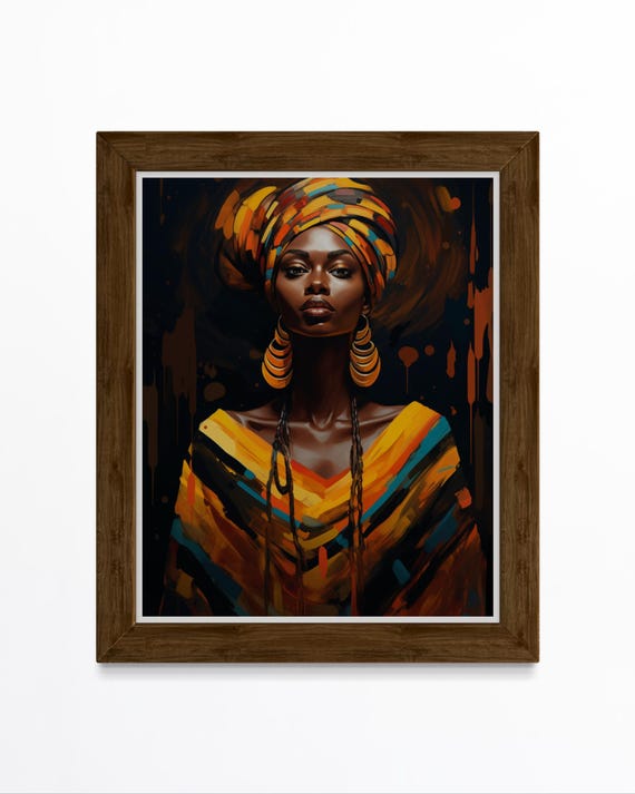 Vibrant African Woman Portrait Art Bold Headwrap And Earrings Wall Decor Afrocentric Modern Home Artwork