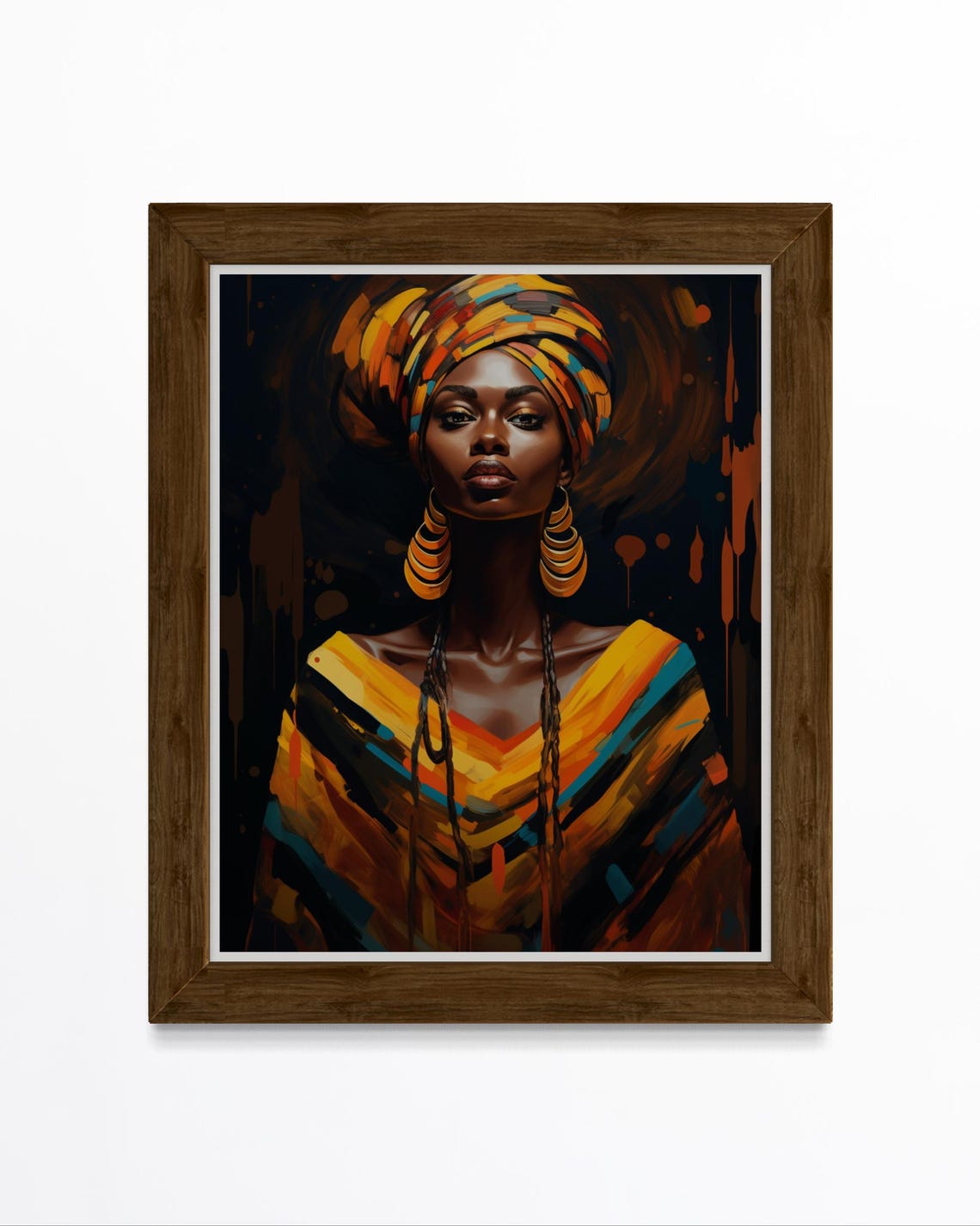 Vibrant African Woman Portrait Art Bold Headwrap And Earrings Wall Decor Afrocentric Modern Home Artwork