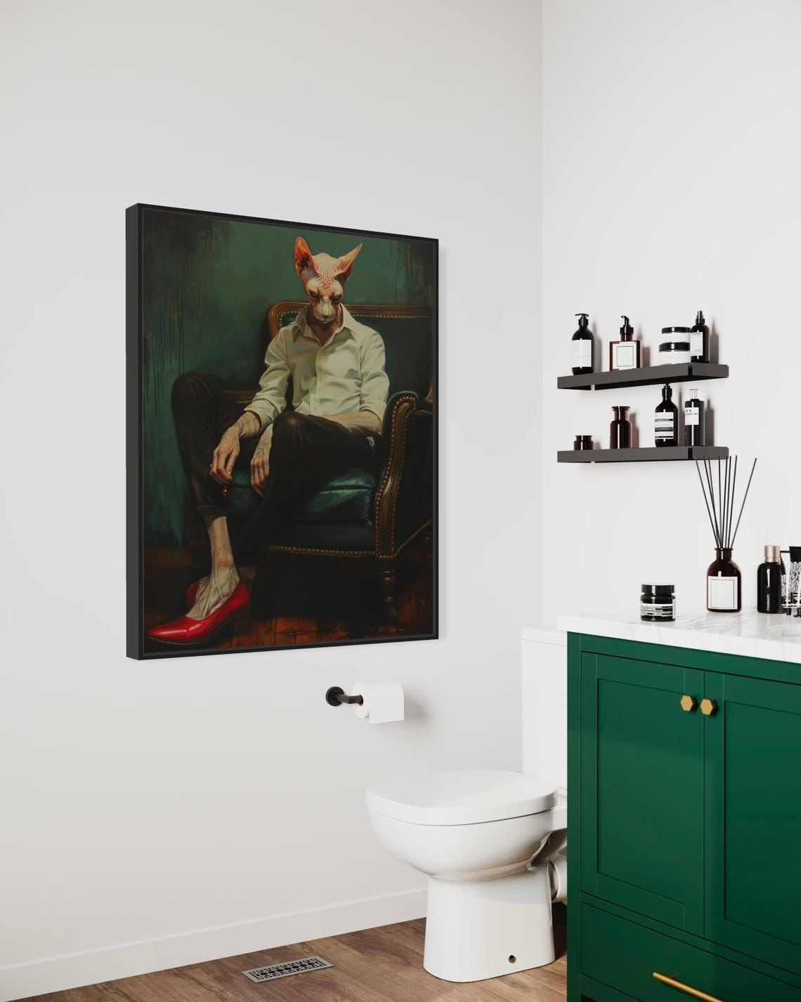 Surreal Anthropomorphic Sphynx Cat Portrait Red Heels Chair Wall Art - Image 4