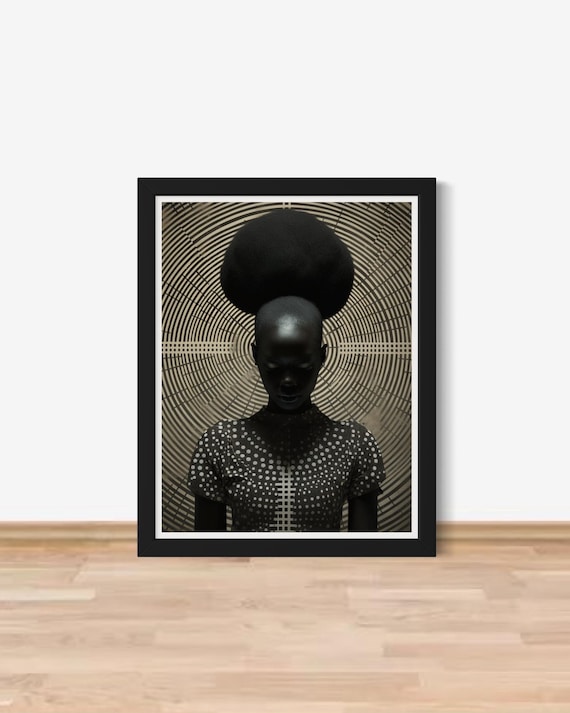 Black Woman With Tall Afro Silhouette Concentric Circles Art Print