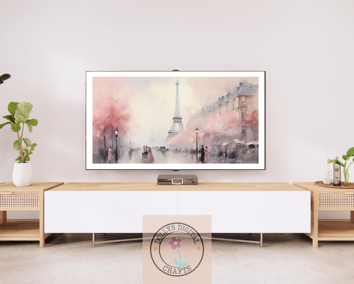 Romantic Paris Street Eiffel Tower Pink Blossom Watercolor Poster - Image 2