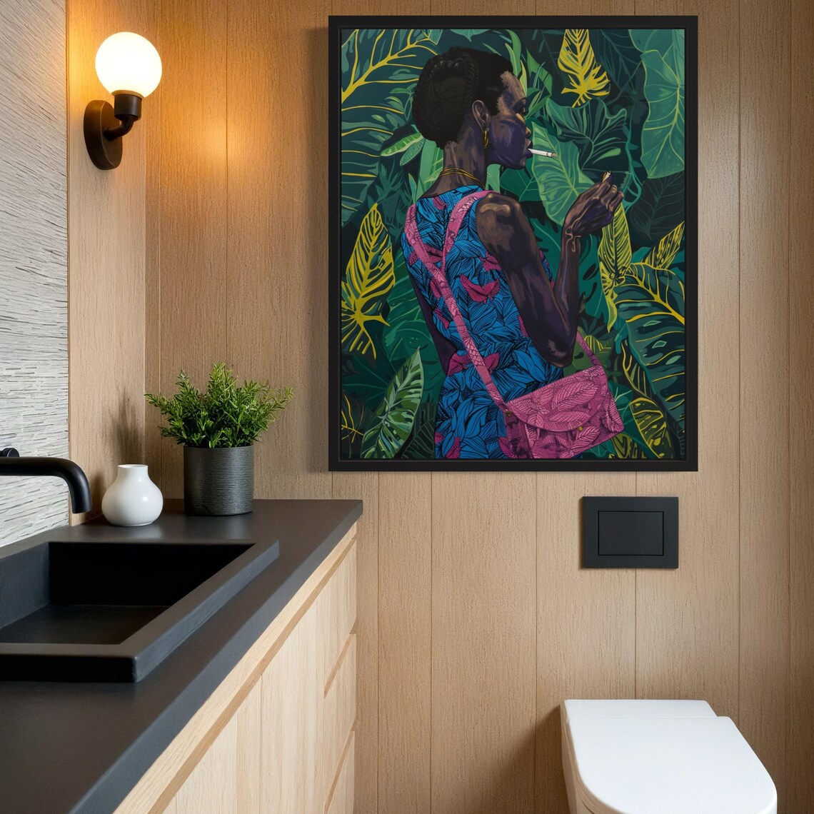 Black Woman in Blue Dress Smoking Cigarette Jungle Leaf Art Poster - Image 6