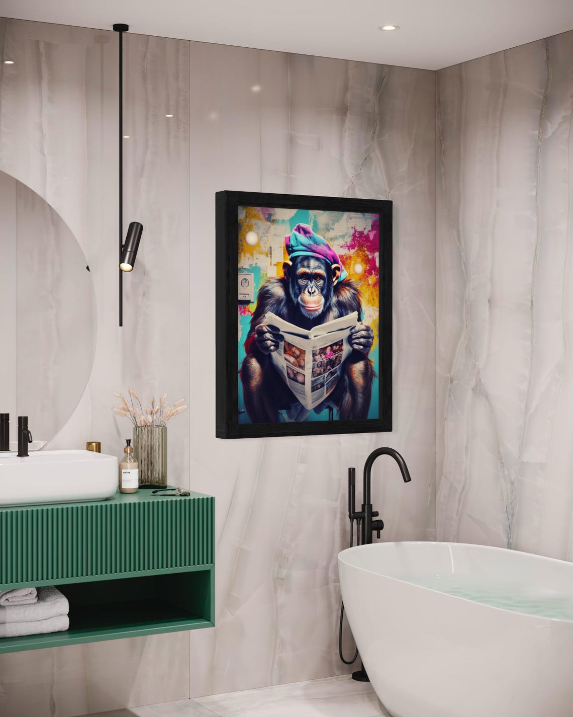 Chimpanzee Reading Newspaper On Toilet Funny Bathroom Art Poster - Image 6
