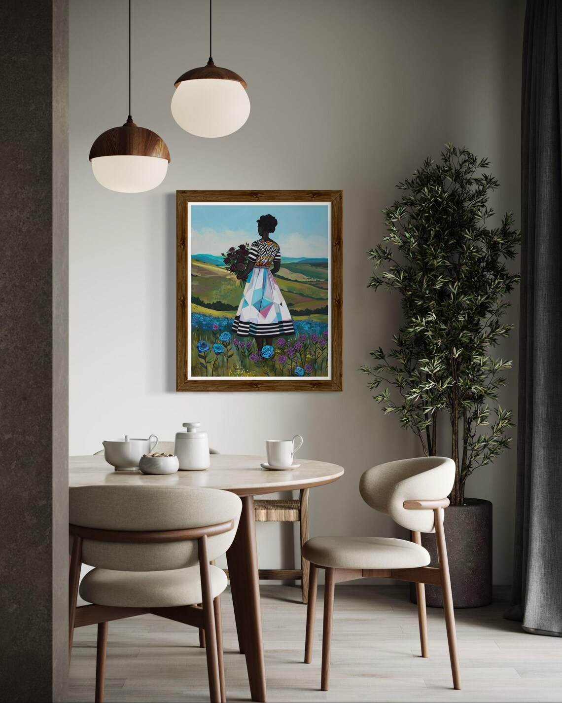 African Woman With Floral Bouquet Art Afrocentric Nature Wall Art Vibrant Black Girl Painting Modern African Landscape Print - Image 5