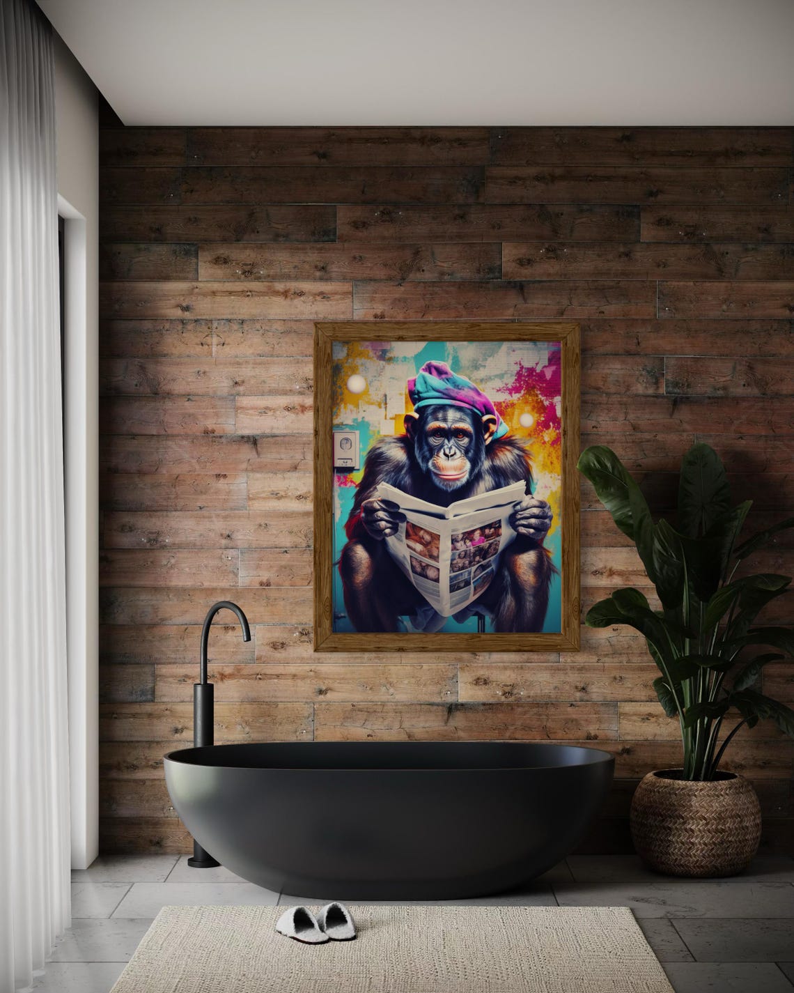Chimpanzee Reading Newspaper On Toilet Funny Bathroom Art Poster - Image 4