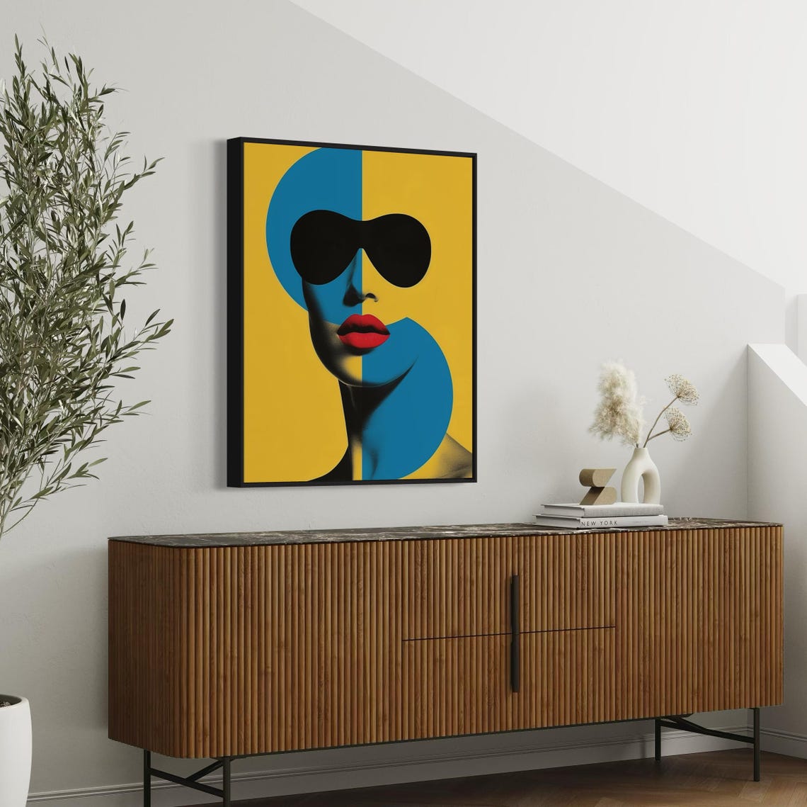 Pop Art Woman Face With Yellow Blue Split and Red Lips Art Poster - Image 6