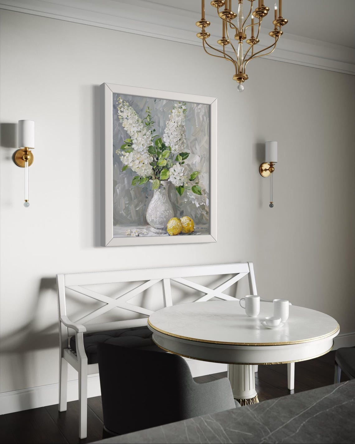 White Floral Bouquet Vase Lemons Elegant Still Life Oil Poster - Image 5