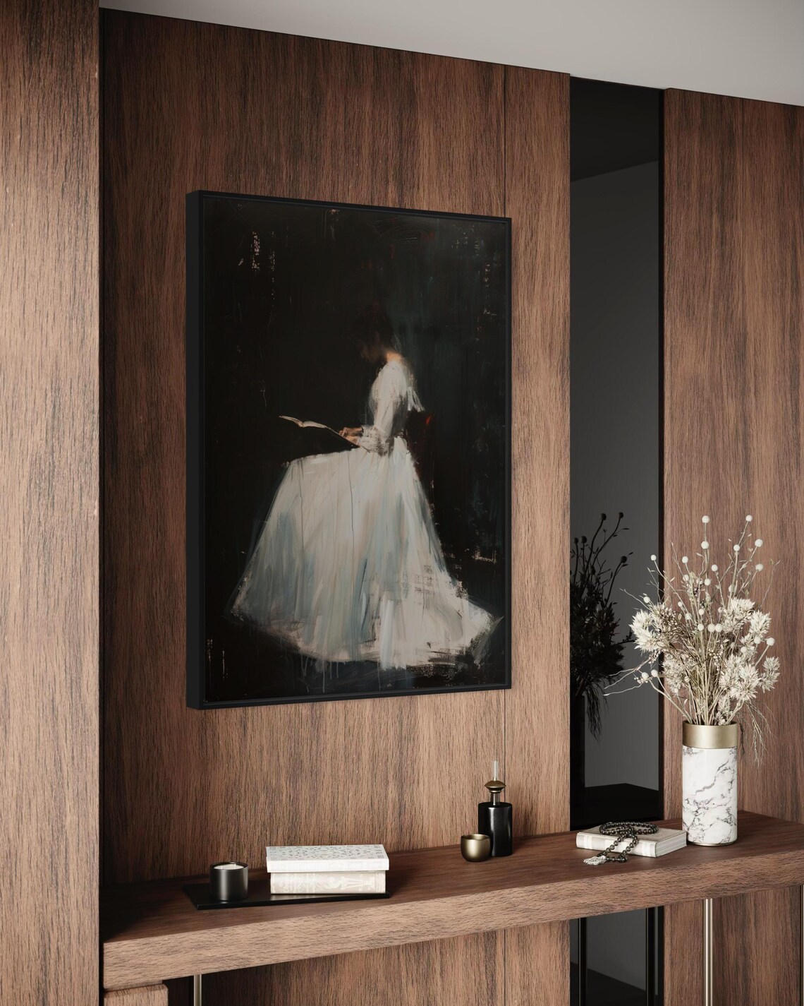 Elegant Woman Reading Dark Moody Painting Vintage Minimalist Art Print - Image 2