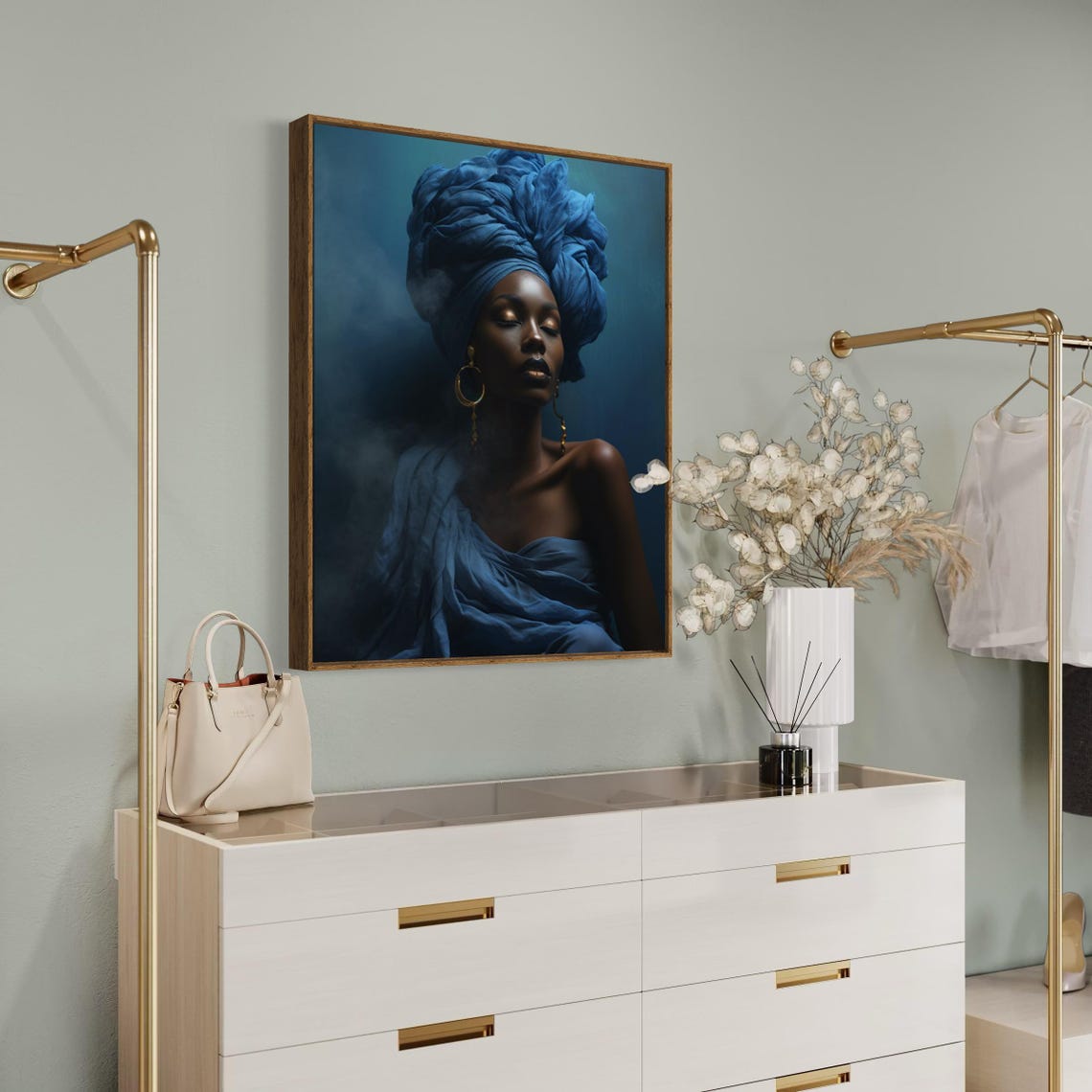 Serene Black Woman in Blue Headwrap With Gold Hoop Earrings Poster - Image 7