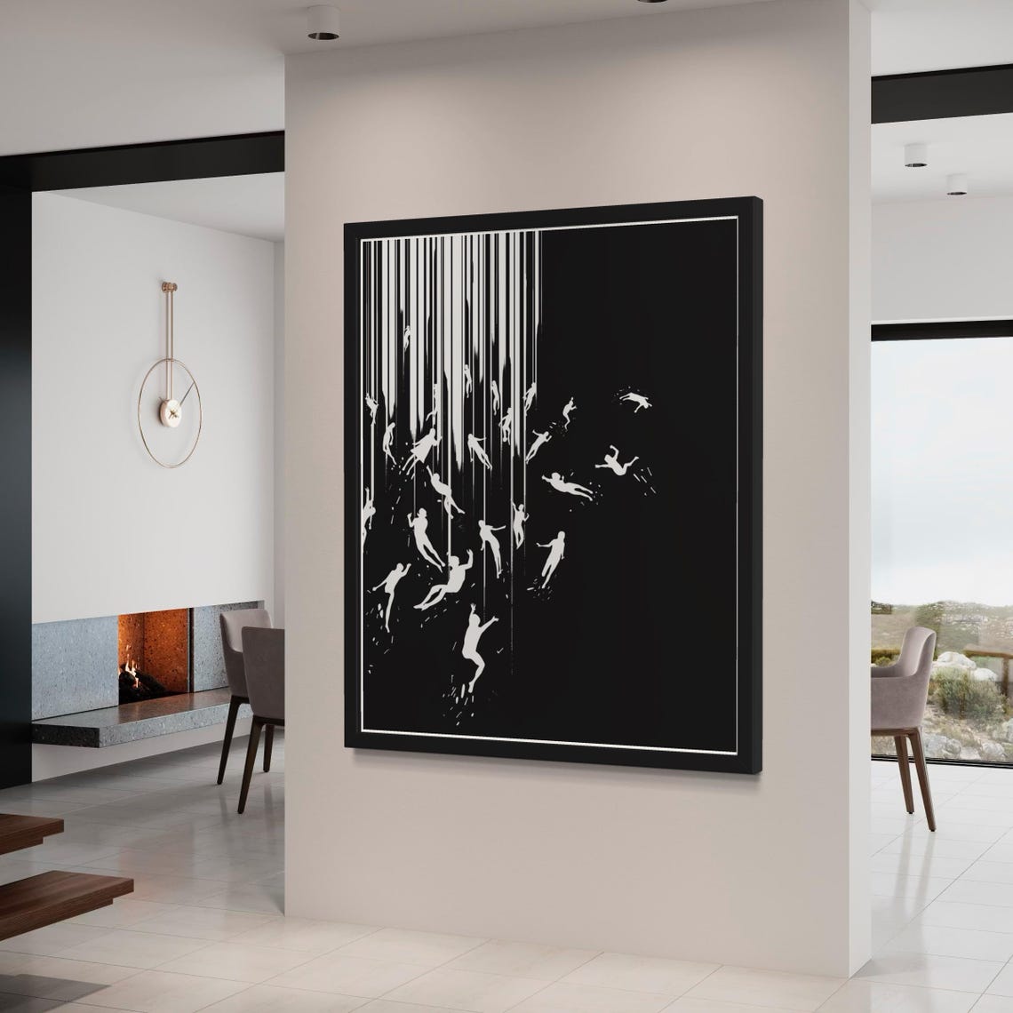 Falling Human Silhouettes Black and White Monochrome Modern Poster - Image 5