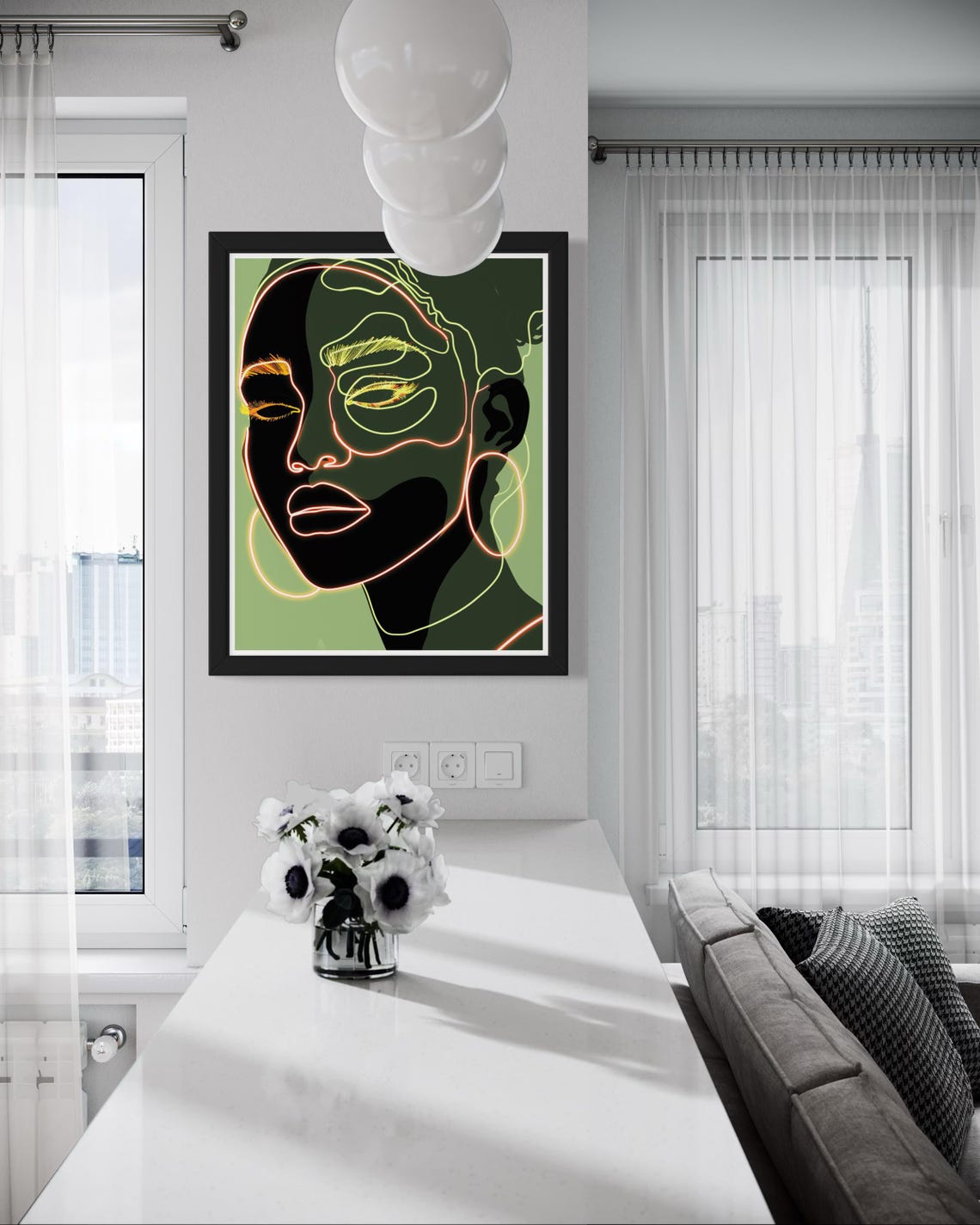 Neon Line Art Woman Portrait Glowing Modern Abstract Wall Art - Image 2