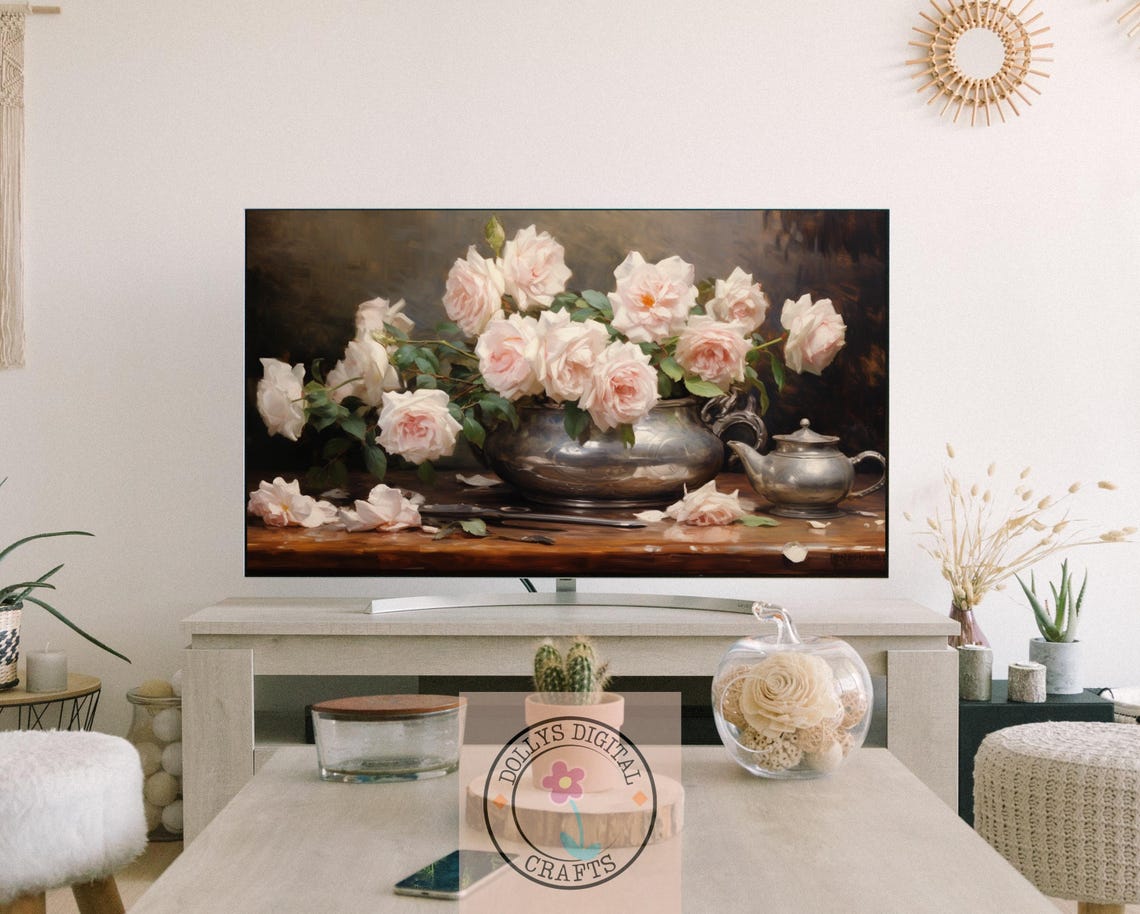 Pink Roses Silver Vase Still Life Oil Painting Floral Poster - Image 3