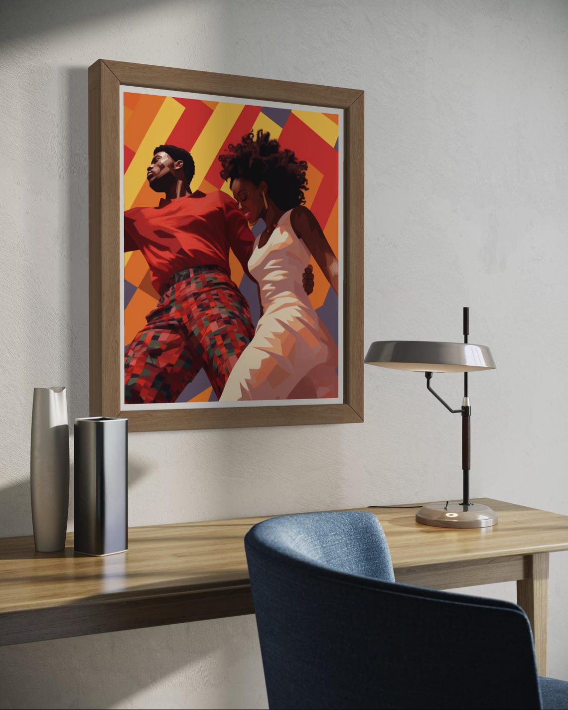 African Couple Dancing Bold Orange Geometric Retro Style Poster - Image 2