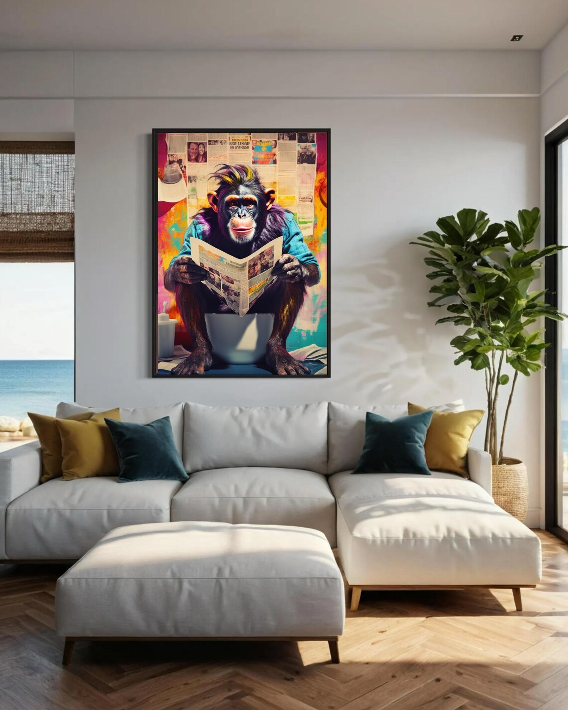 Funny Chimpanzee on Toilet Reading Newspaper Colorful Art Poster - Image 4