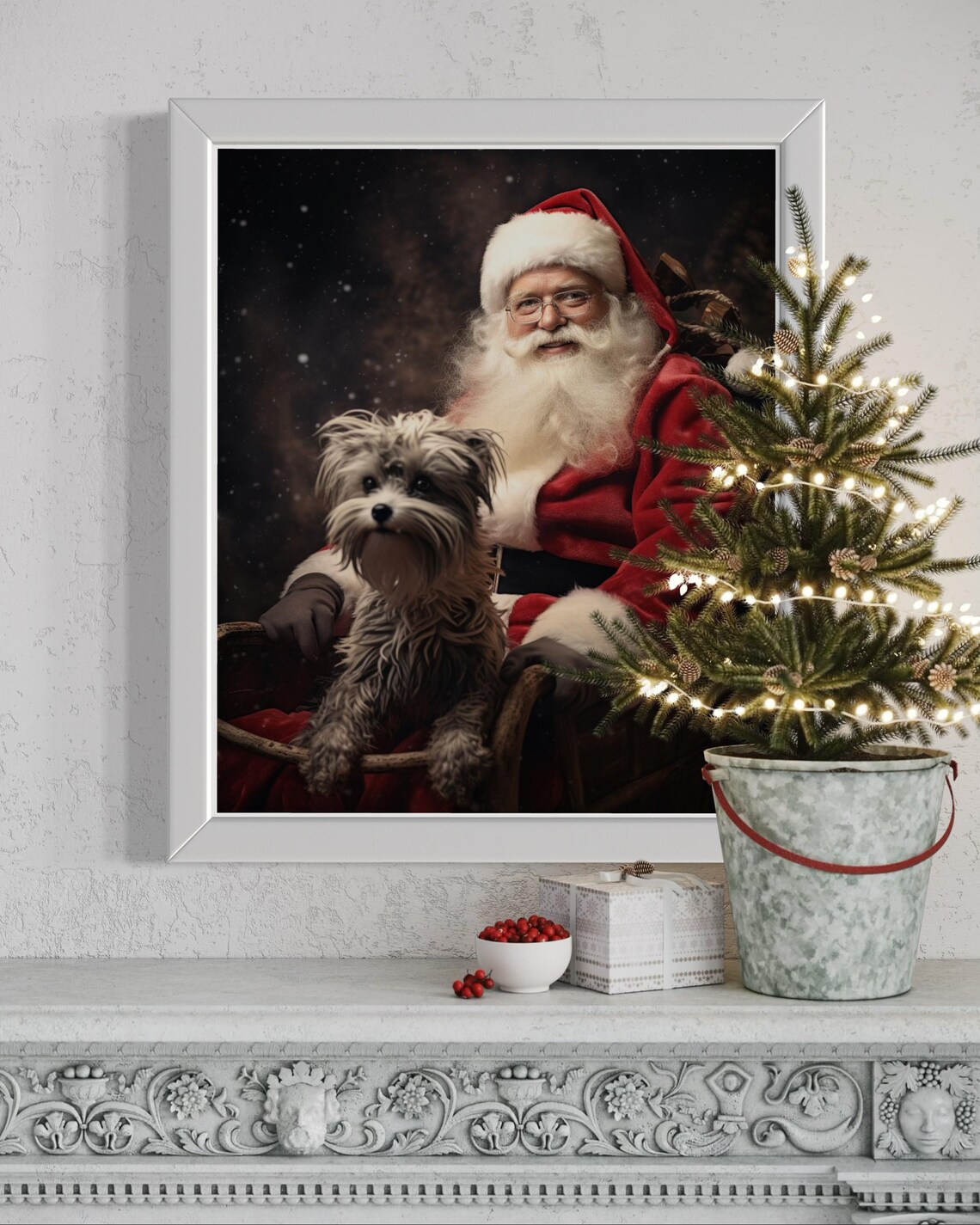 Santa Claus With Dog Sleigh Snowy Night Holiday Christmas Poster