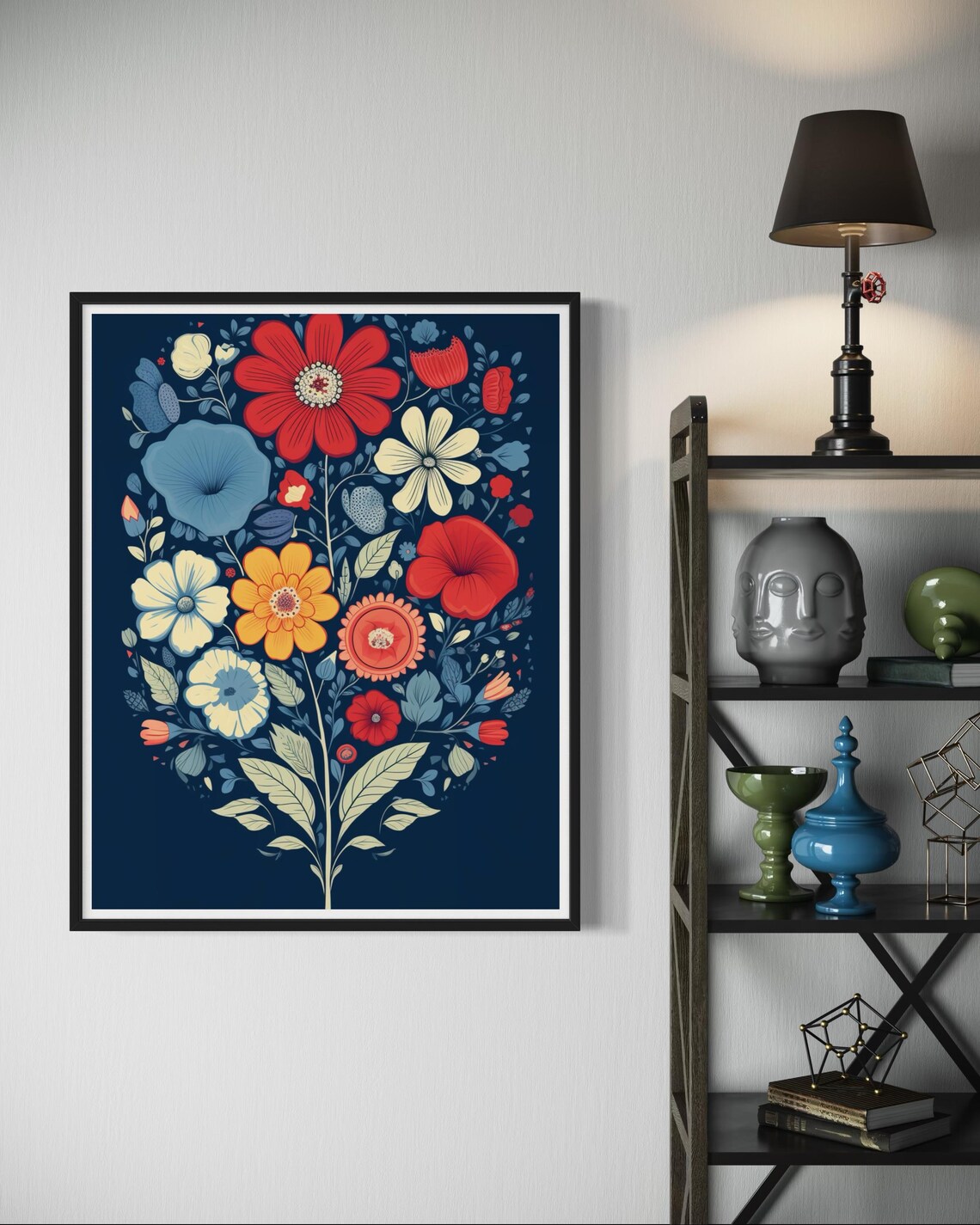 Folk Flower Bouquet On Dark Navy Red Orange Blossom Art Poster