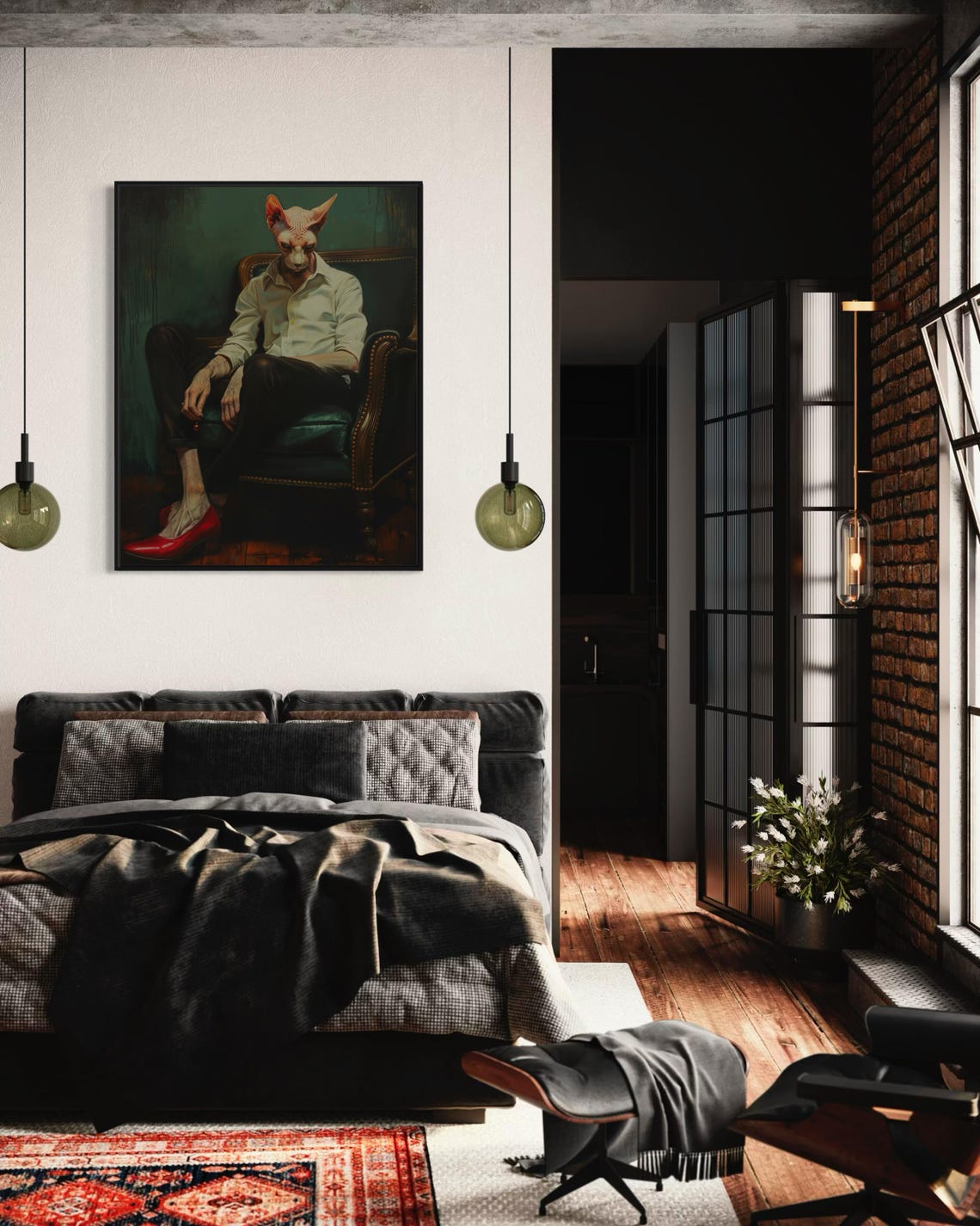 Surreal Anthropomorphic Sphynx Cat Portrait Red Heels Chair Wall Art - Image 5