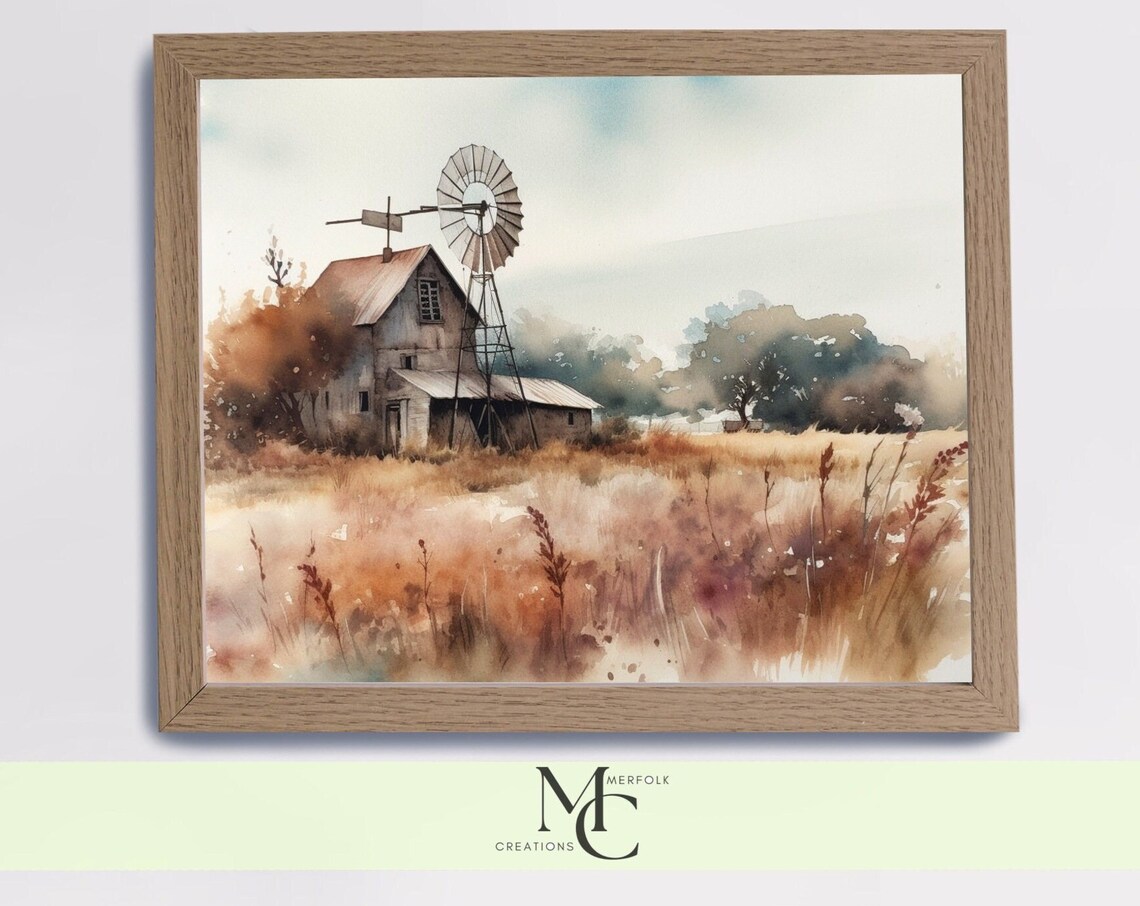 Barn and Windmill in Golden Tall Grass Watercolor Farm Poster