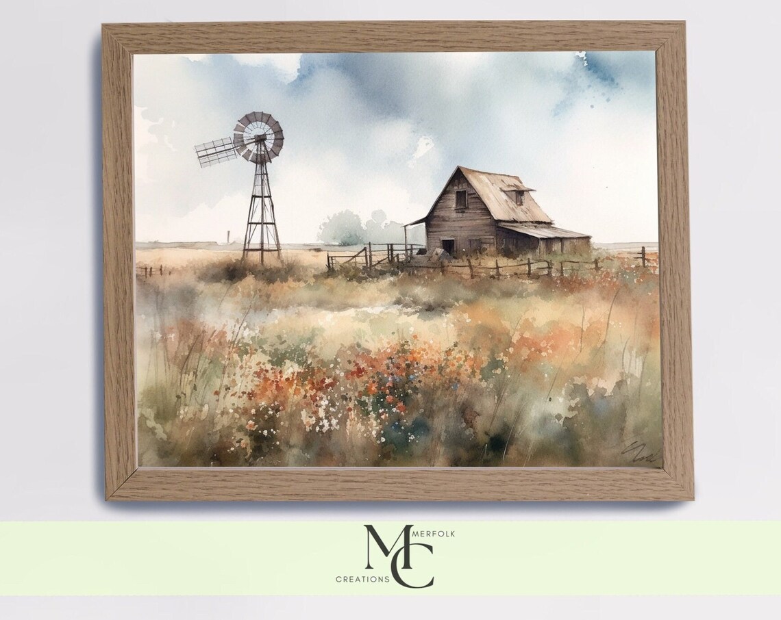 Weathered Old Barn in a Misty Morning Field Watercolor Farm Poster - Image 3