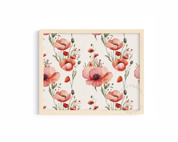 Watercolor Poppy Coral Floral Wall Art Cottagecore Home Decor 417