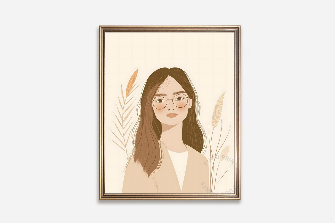 Boho Woman with Round Glasses Minimalist Neutral Tone Portrait Poster