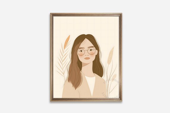 Boho Woman with Round Glasses Minimalist Neutral Tone Portrait Poster