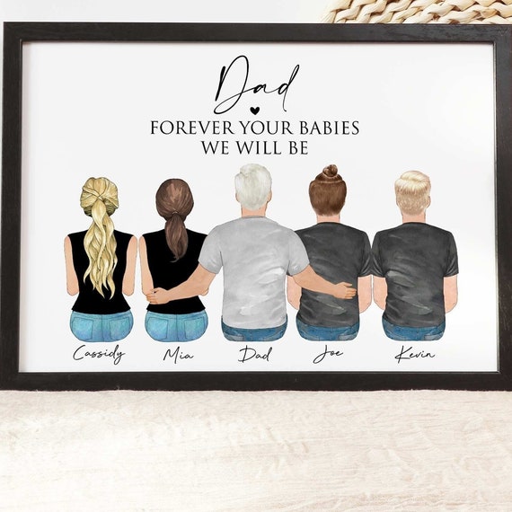 Personalized Dad Birthday Gift From Daughter Son Daddykids Illustration Custom Family Portrait Our Dad Forever Family Wall Art Gift For Him