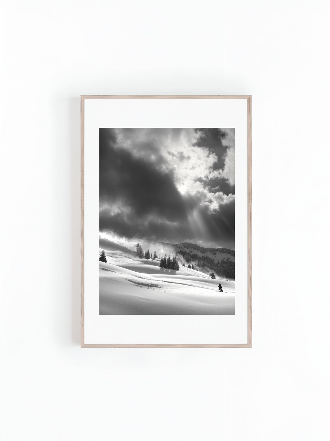 Skier on Snowy Mountain Ranges, Black and White