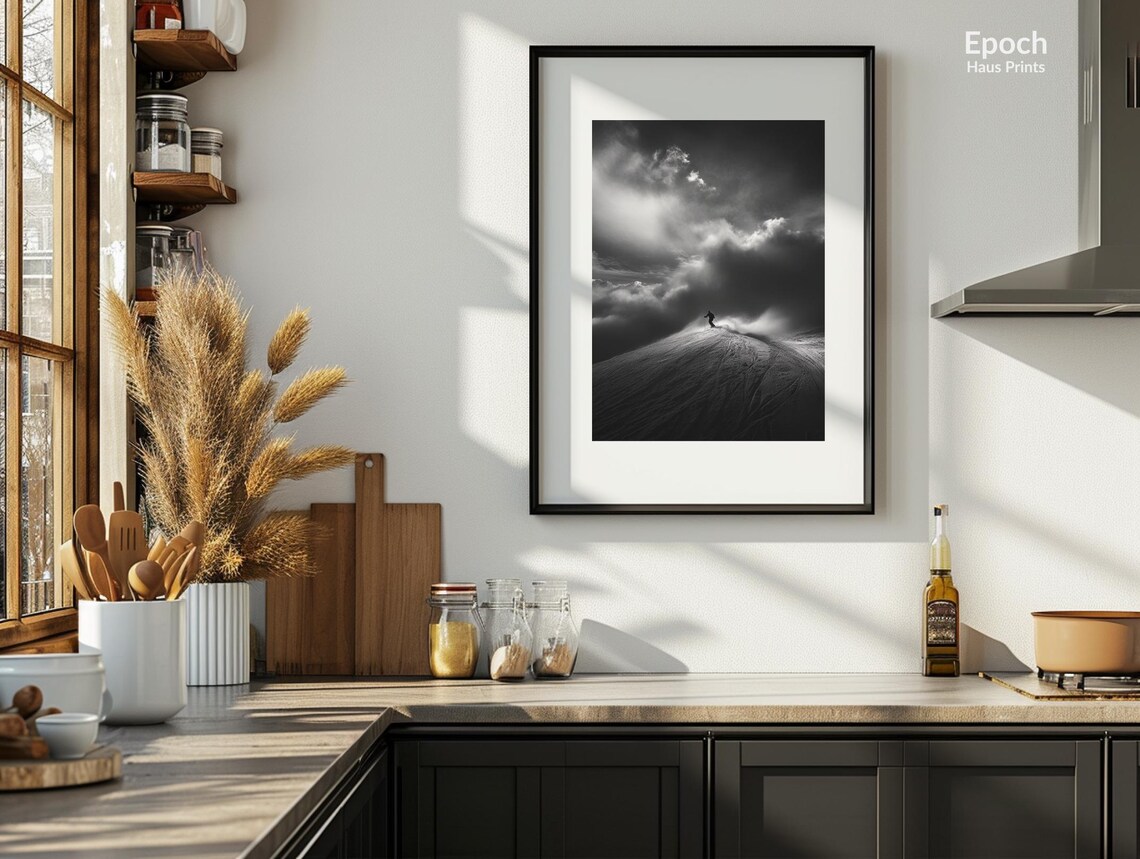 Skier On Snowy Mountain Ranges, Back Country Skiing Art Print - Image 3