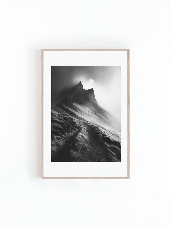 Photo Winding Trail Through Mountains Range Black And White Beautiful Landscape Photo Minimalist Wall Art Print Instant