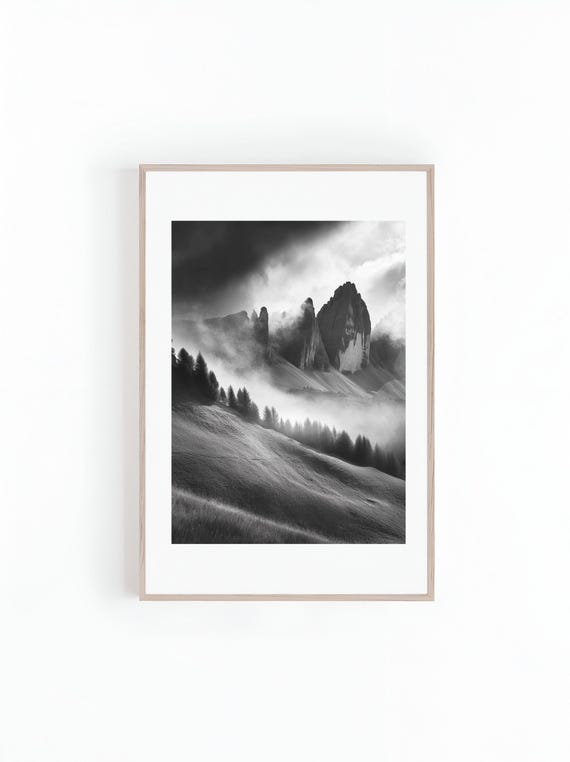 Photo Winding Trail Through Mountains Range Black And White Beautiful Landscape Photo Minimalist Wall Art Print Instant