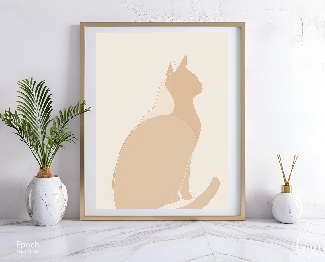 Seated Cat Profile Minimalist Beige Line Drawing Fine Art Poster