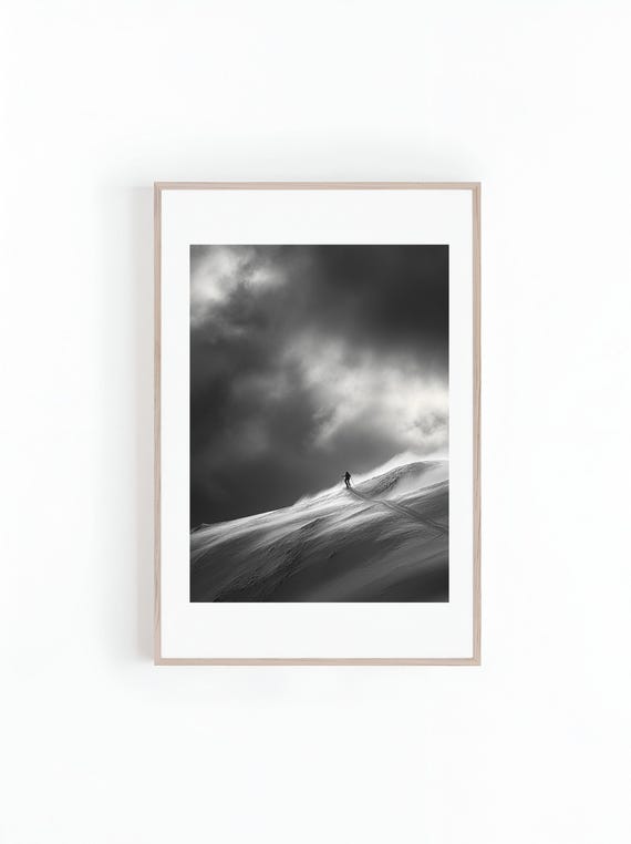 Photo Of Skier On Snowy Mountain Ranges Black And White Back Country Skiing Beautiful Landscape Photo Wall Art Instant