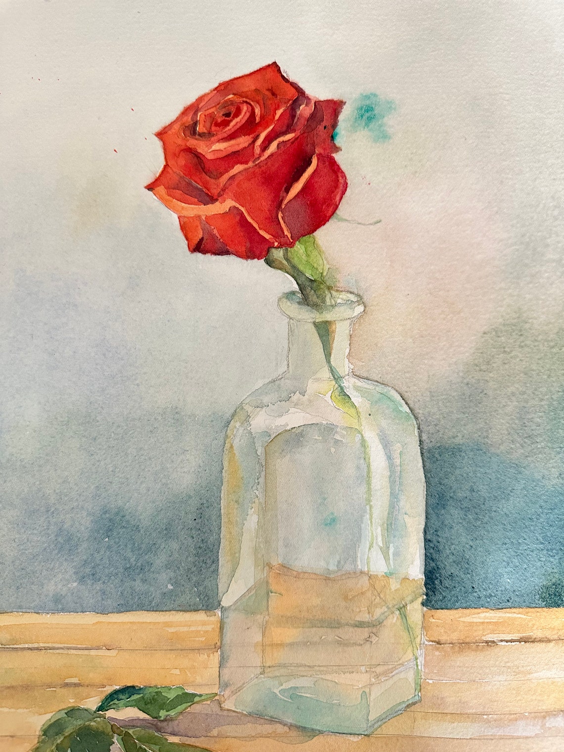 Single Red Rose in Glass Bottle Still Life Watercolor Painting Poster - Image 6