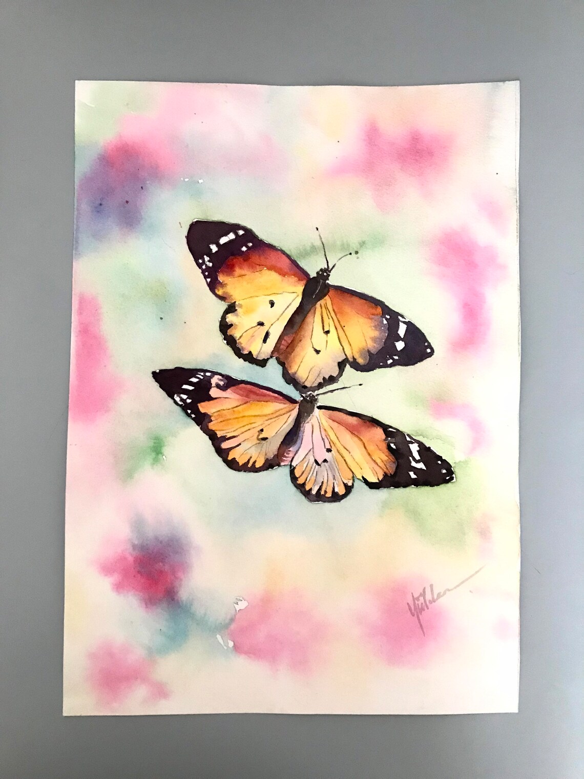 Pair of Monarch Butterflies on a Pastel Wash Watercolor Poster - Image 3