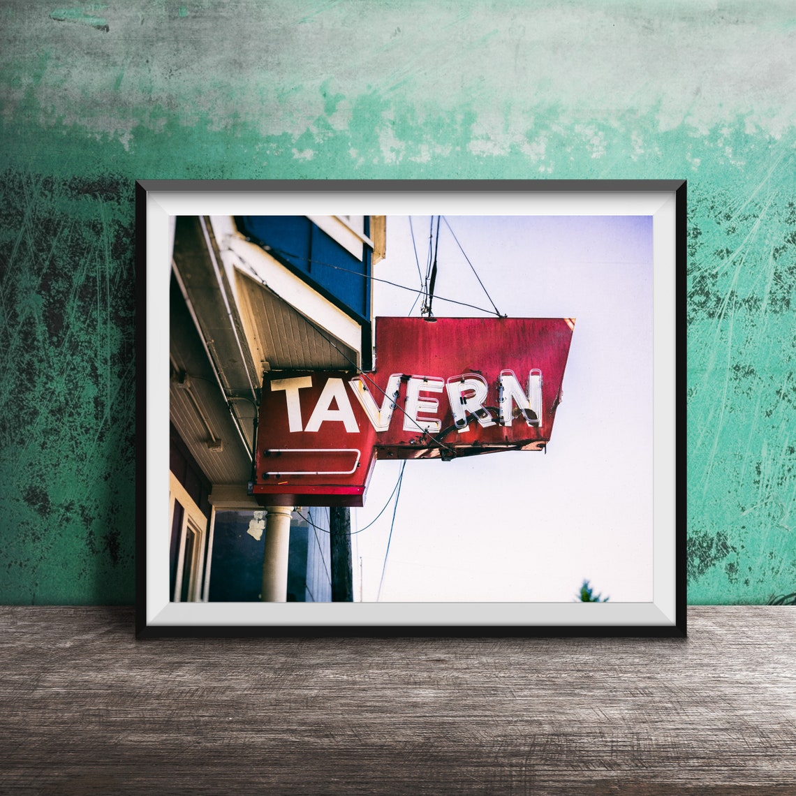 Red Neon Tavern Hanging Blade Sign Vintage Bar Photography Poster