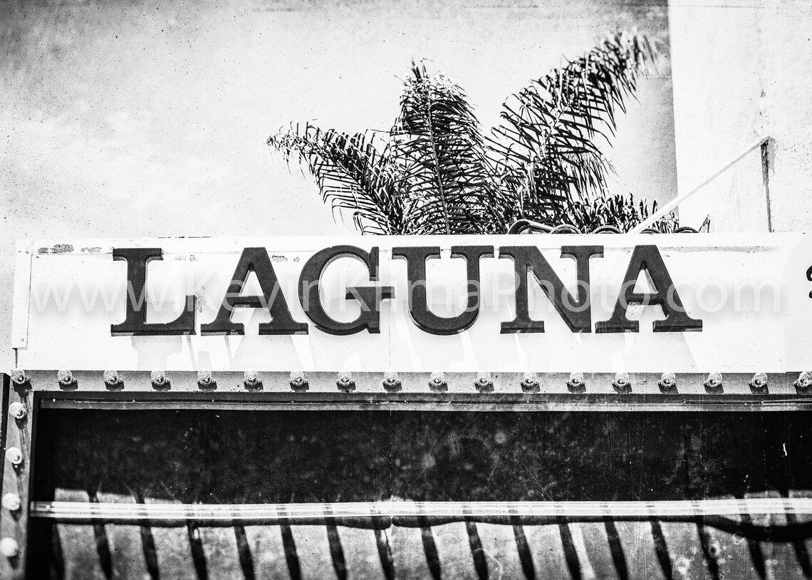 Laguna Red Marquee Sign with Palm Trees Coastal Photography Poster - Image 2