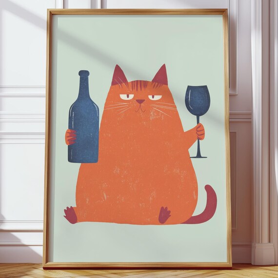 Sage Scandi Style Hallway Pictures Orange Cat With Wine Modern Humorous Illustration Colorful Living Room Decor Art Kitchen Wall