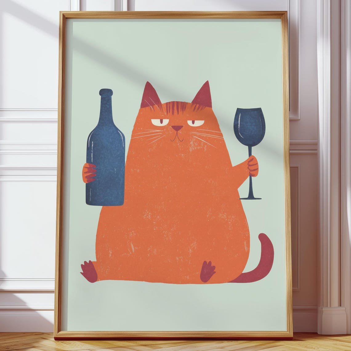Grumpy Orange Cat With Wine Glass Vintage Retro Illustration Poster