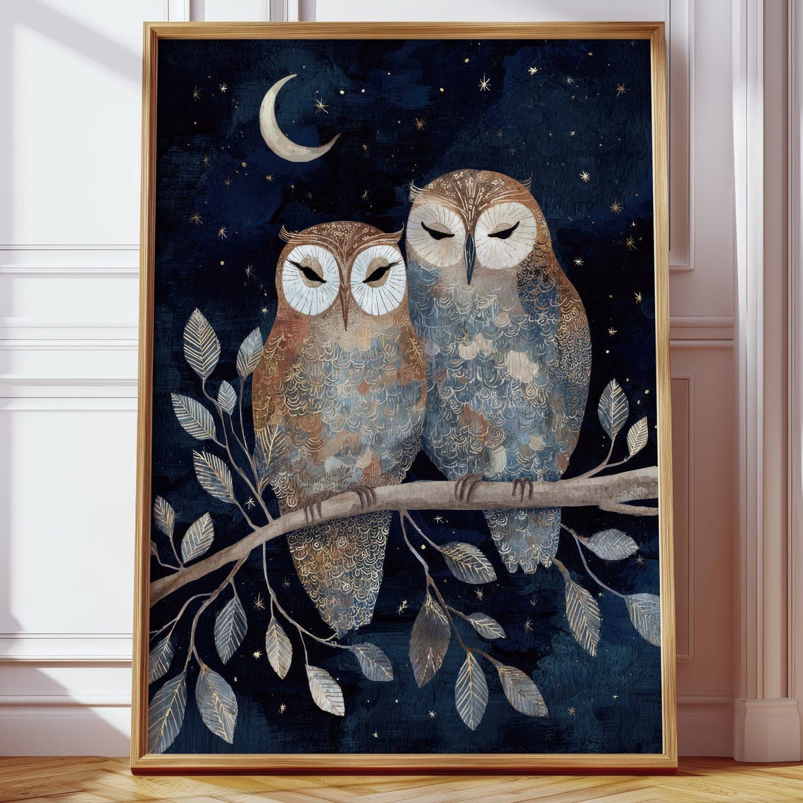 Two Owls Night Sky Poster Crescent Moon Stars Mystical Forest Art