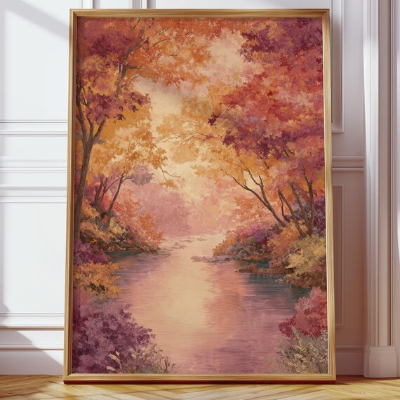 Autumn Nature River Poster, Impressionist Landscape Art