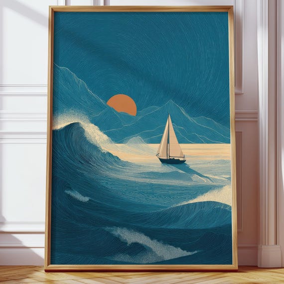 Bedroom Wall Art Nautical Retro Poster Sailboat Blue Orange Ocean Illustration Vintage Prints Travel Motif Coast Sea Pictures