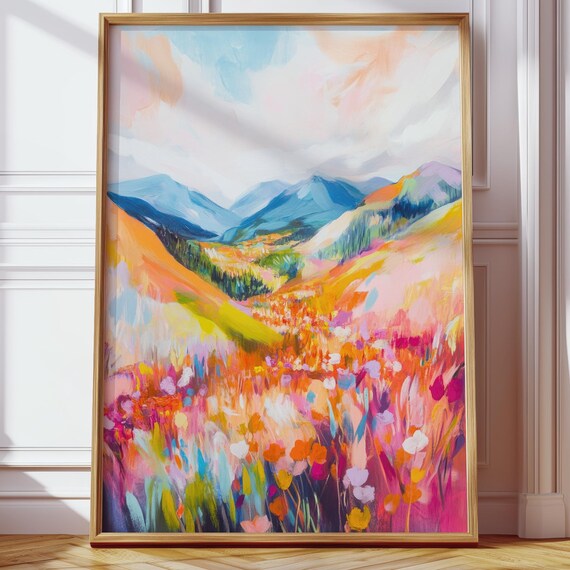 Landscape Picture For The Living Room Colorful Mountains Impressionistic Summery Colors Abstract Nature Art Print Scandi Boho Hallway Office
