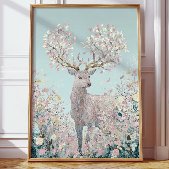 Nature Decor Living Room Decoration Scandi Deer Poster Pastel Animal Illustration Flowers Dreamy Wall Art Bedroom Hallway Gift