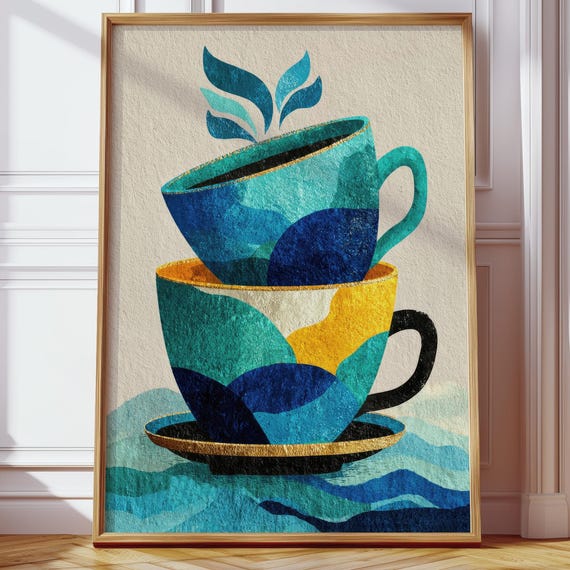 Modern Kitchen Picture Abstract Cup Illustration Blue Yellow Art Print Coffee Decoration Office Wall Scandi Style