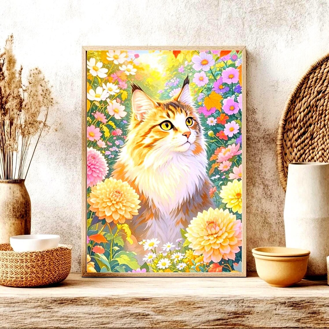 Fluffy Long Haired Ginger Cat Among Colorful Dahlia Flowers Poster