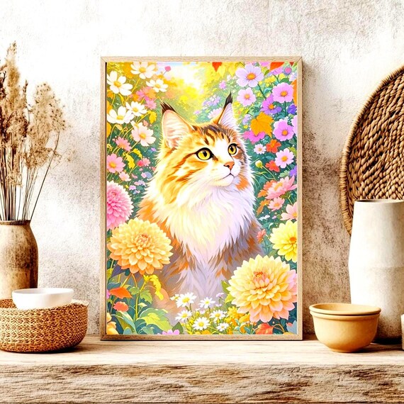 Autumn Dahlia Cat Print Cozy Fall Flower Wall Art Cute Lover Gift Colorful Botanical Poster Whimsical Feline Home Decor