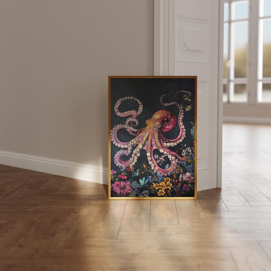 Purple Octopus Curling Tentacles Colorful Wildflowers Dark Sea Poster - Image 2