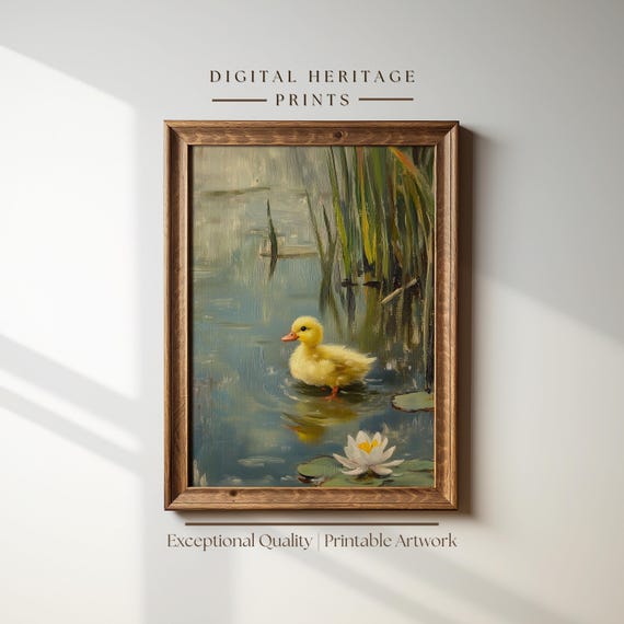 Vintage Duck Print Modern Farmhouse Wall Art Aesthetic Oil Painting Cute Yellow Bird Artwork Print