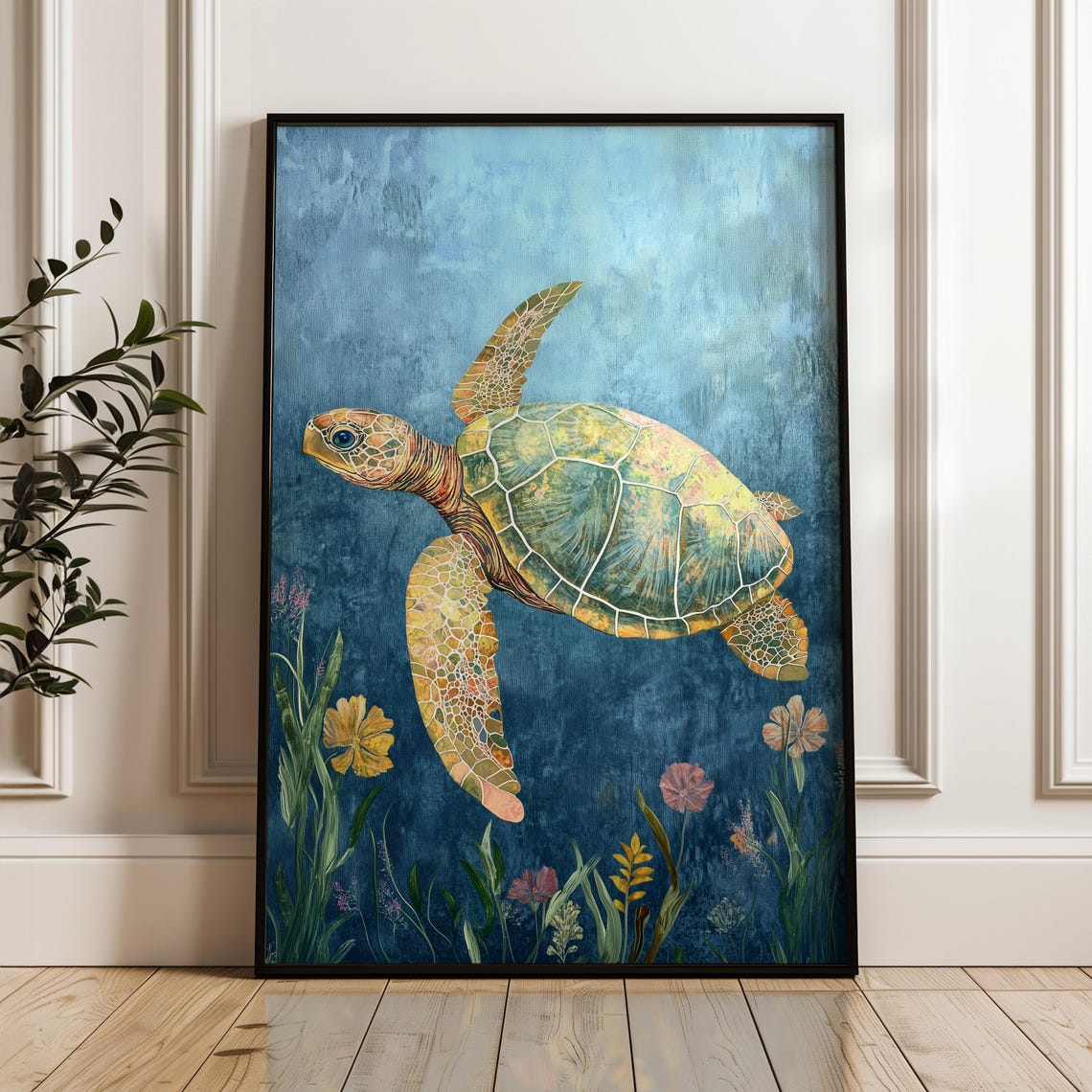 Sea Turtle Swimming Blue Ocean Wildflowers Seagrass Nautical Poster